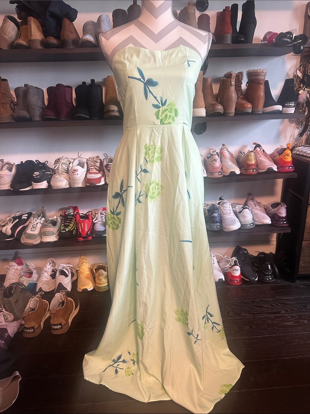 Strapless Floral Evening Gown in Light Green